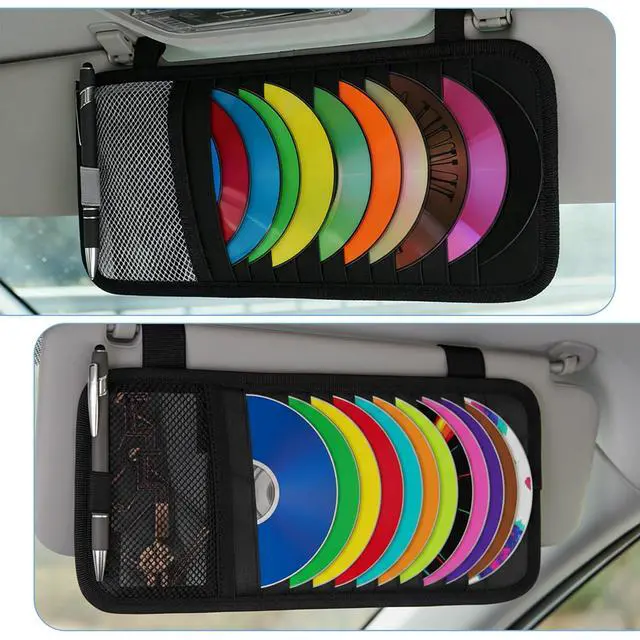 Alt view image 6 of 7 - 1 Pcs Car CD Holder, Car Sun Visor Storage DVD Disc Holders Pocket Case Organizer with 12 DVD Storage Sleeves, one Mesh Pocket, one Pen Holder, and Elastic Strap (Black)