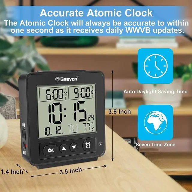 Alt view image 3 of 7 - Small Atomic Travel Alarm Clock with Auto/8s Backlight, 2 Alarm Settings, Temperature, Increasing Beep Sounds Digital Atomic Travel Clock Battery Operated for Bedroom, Bedside, Black