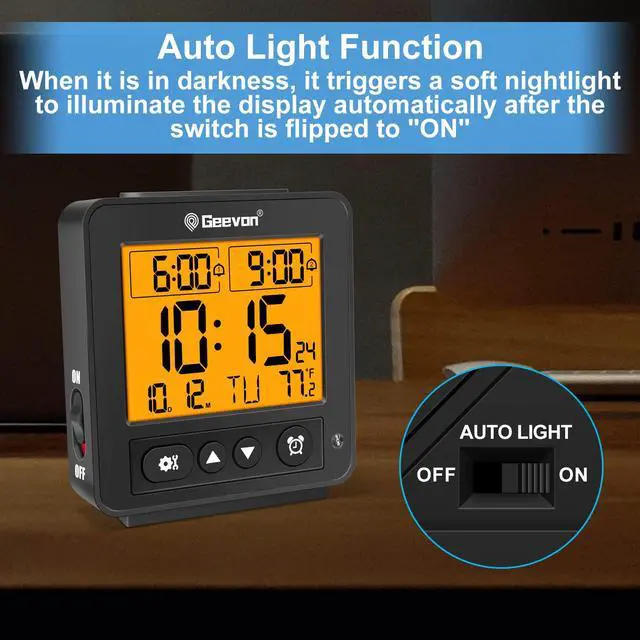 Alt view image 2 of 7 - Small Atomic Travel Alarm Clock with Auto/8s Backlight, 2 Alarm Settings, Temperature, Increasing Beep Sounds Digital Atomic Travel Clock Battery Operated for Bedroom, Bedside, Black