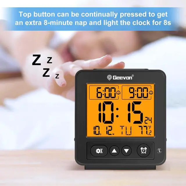 Alt view image 5 of 7 - Small Atomic Travel Alarm Clock with Auto/8s Backlight, 2 Alarm Settings, Temperature, Increasing Beep Sounds Digital Atomic Travel Clock Battery Operated for Bedroom, Bedside, Black