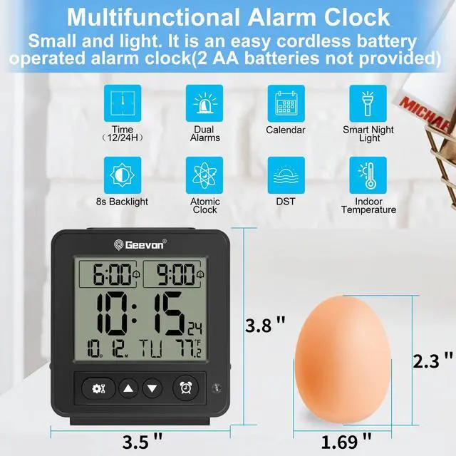 Alt view image 4 of 7 - Small Atomic Travel Alarm Clock with Auto/8s Backlight, 2 Alarm Settings, Temperature, Increasing Beep Sounds Digital Atomic Travel Clock Battery Operated for Bedroom, Bedside, Black