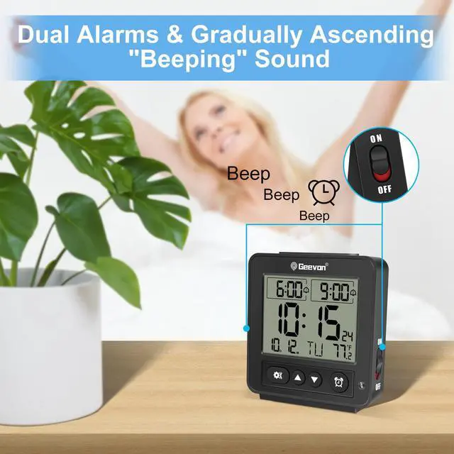 Alt view image 6 of 7 - Small Atomic Travel Alarm Clock with Auto/8s Backlight, 2 Alarm Settings, Temperature, Increasing Beep Sounds Digital Atomic Travel Clock Battery Operated for Bedroom, Bedside, Black