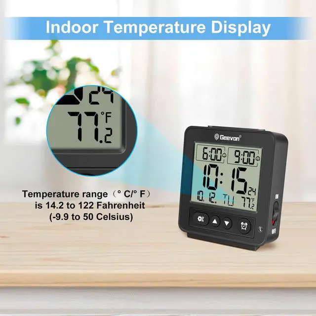 Alt view image 7 of 7 - Small Atomic Travel Alarm Clock with Auto/8s Backlight, 2 Alarm Settings, Temperature, Increasing Beep Sounds Digital Atomic Travel Clock Battery Operated for Bedroom, Bedside, Black