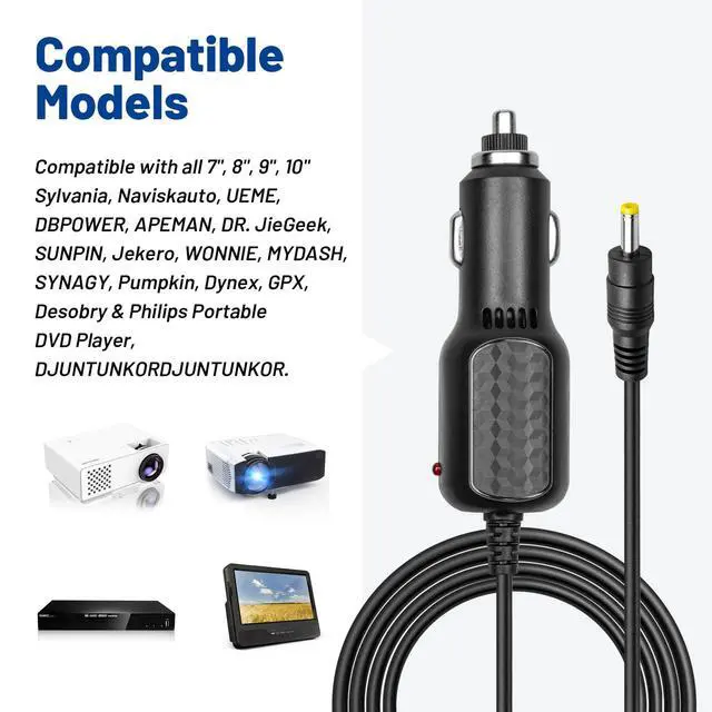 Alt view image 2 of 7 - DC 12V Car Charger for Portable DVD Player Car Cigarette Lighter Adapter Power Cord for Sylvania/DBPOWER/UEME/HDJUNTUNKOR/DRJ