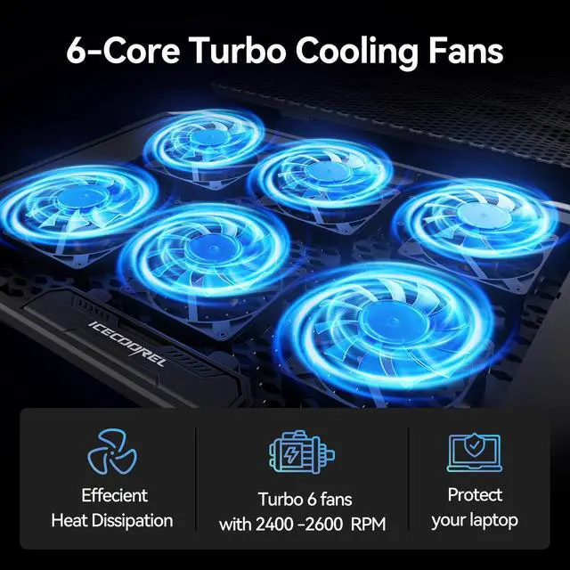 Alt view image 2 of 7 - Laptop Cooling Pad with 6 Cooling Fans, Cooling Pad for Laptop Fan 13-15.6 Inch, Laptop Cooler Stand with 6 Height Adjustable, Notebook Cooler Pad with Two USB Port