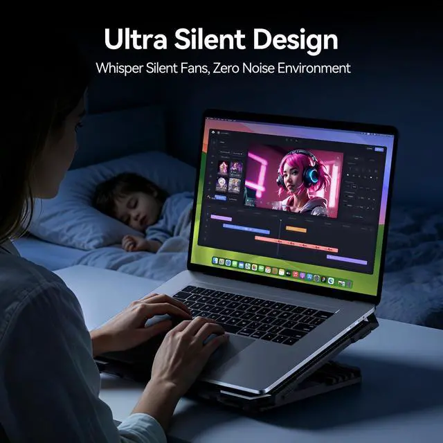 Alt view image 5 of 7 - Laptop Cooling Pad with 6 Cooling Fans, Cooling Pad for Laptop Fan 13-15.6 Inch, Laptop Cooler Stand with 6 Height Adjustable, Notebook Cooler Pad with Two USB Port