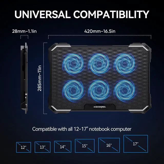 Alt view image 7 of 7 - Laptop Cooling Pad with 6 Cooling Fans, Cooling Pad for Laptop Fan 13-15.6 Inch, Laptop Cooler Stand with 6 Height Adjustable, Notebook Cooler Pad with Two USB Port