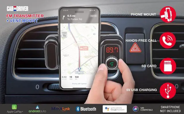 Alt view image 3 of 7 - Bluetooth FM Transmitter & Vent Phone Mount Wireless Audio Adapter with TF Card Slot, Hands-Free Calling, USB Charging Port, Siri Compatible, Universal Car Radio Receiver