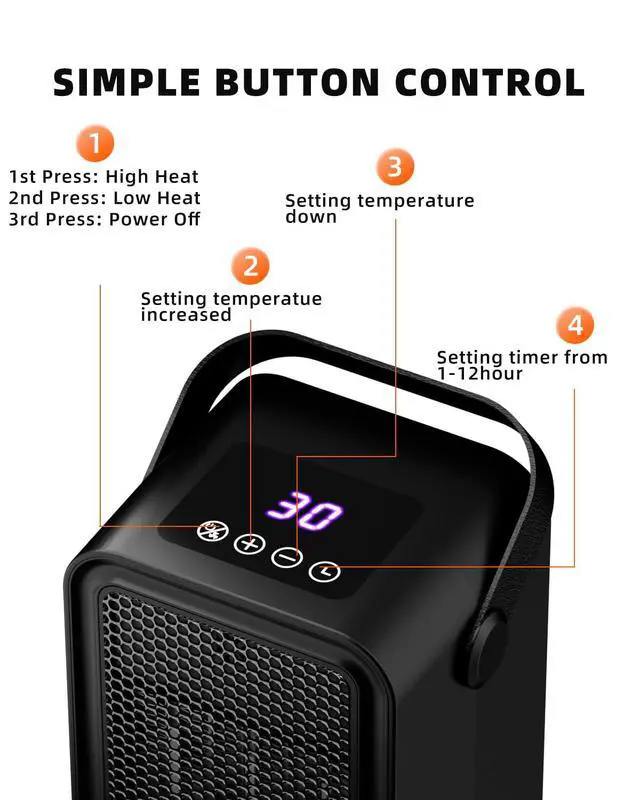Alt view image 3 of 7 - Small Space Heater for Indoor Use, Fast Heating Portable Desk Heater, Dual Power Modes, Timer & Overheat Protection Personal Space Heater for Bedroom, Office, Home