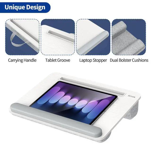 Alt view image 3 of 7 - LT08 Laptop Stand, Portable Lap Desk with Pillow Cushion, Fits up to 14 inch Laptop, with Anti-Slip Strip for Desk, Sofa & Bed, White and Gray
