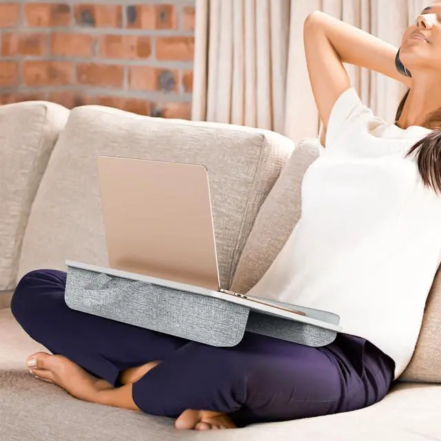 Alt view image 6 of 7 - LT08 Laptop Stand, Portable Lap Desk with Pillow Cushion, Fits up to 14 inch Laptop, with Anti-Slip Strip for Desk, Sofa & Bed, White and Gray