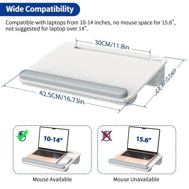 Alt view image 5 of 7 - LT08 Laptop Stand, Portable Lap Desk with Pillow Cushion, Fits up to 14 inch Laptop, with Anti-Slip Strip for Desk, Sofa & Bed, White and Gray