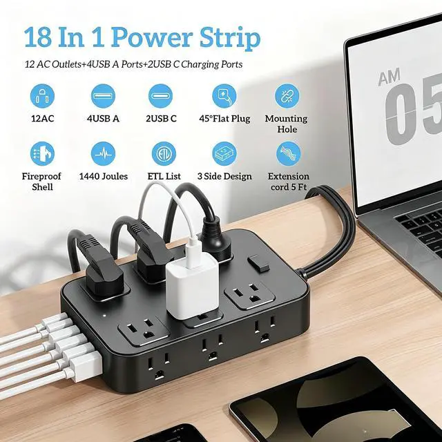 Alt view image 2 of 7 - Flat Plug Power Strip Surge Protector 5 Ft Extension Cord with 12 AC Outlets 6 USB Ports 3 Side Multi Plug Outlet Extender Home Office Kitchen Dorm Room Wall Desk Charging Station ETL Listed