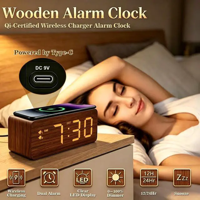 Alt view image 2 of 7 - Wood Digital Alarm Clock with 10W Fast Wireless Charger, USB Charging Ports, DST, Dimmable, Snooze, Large Number LED Display for Bedrooms, Desk, Living Room Table, Bedside, Nightstand (Brown)