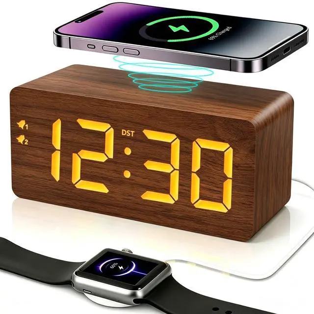 Main image of Wood Digital Alarm Clock with 10W Fast Wireless Charger, USB Charging Ports, DST, Dimmable, Snooze, Large Number LED Display for Bedrooms, Desk, Living Room Table, Bedside, Nightstand (Brown)