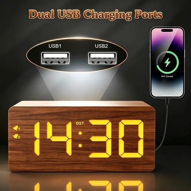 Alt view image 3 of 7 - Wood Digital Alarm Clock with 10W Fast Wireless Charger, USB Charging Ports, DST, Dimmable, Snooze, Large Number LED Display for Bedrooms, Desk, Living Room Table, Bedside, Nightstand (Brown)