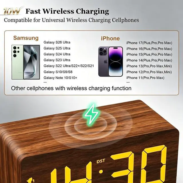 Alt view image 4 of 7 - Wood Digital Alarm Clock with 10W Fast Wireless Charger, USB Charging Ports, DST, Dimmable, Snooze, Large Number LED Display for Bedrooms, Desk, Living Room Table, Bedside, Nightstand (Brown)
