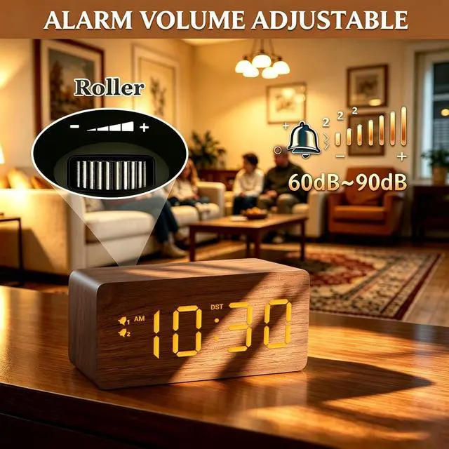 Alt view image 6 of 7 - Wood Digital Alarm Clock with 10W Fast Wireless Charger, USB Charging Ports, DST, Dimmable, Snooze, Large Number LED Display for Bedrooms, Desk, Living Room Table, Bedside, Nightstand (Brown)