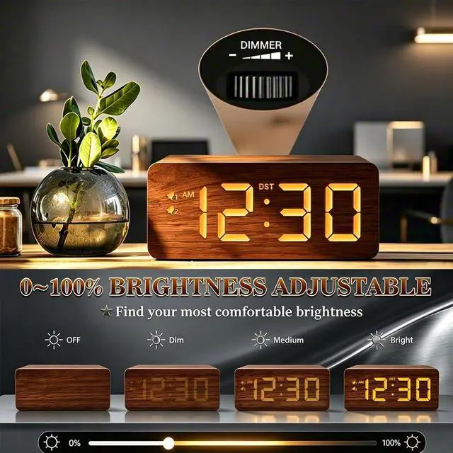 Alt view image 5 of 7 - Wood Digital Alarm Clock with 10W Fast Wireless Charger, USB Charging Ports, DST, Dimmable, Snooze, Large Number LED Display for Bedrooms, Desk, Living Room Table, Bedside, Nightstand (Brown)