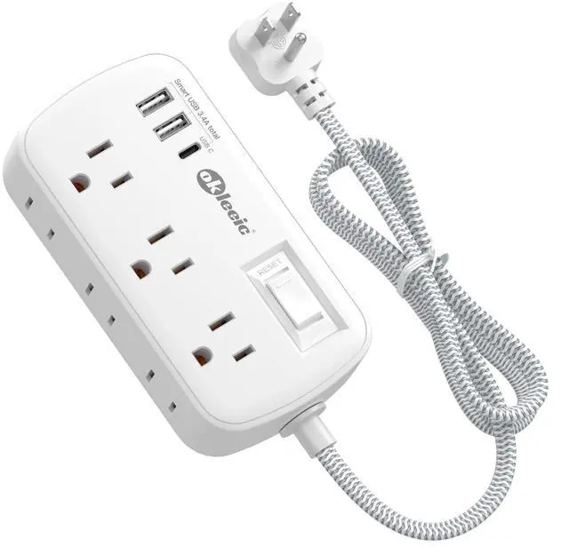 Main image of Short Extension Cord 5 ft - Flat Plug Small Power Strip Surge Protetor with 6 Outlets 3 USB (5V/3.4A 17W) Charging Ports, Multi Plug Wall Outlet Splitter for Home Office Dorm Roomc, White