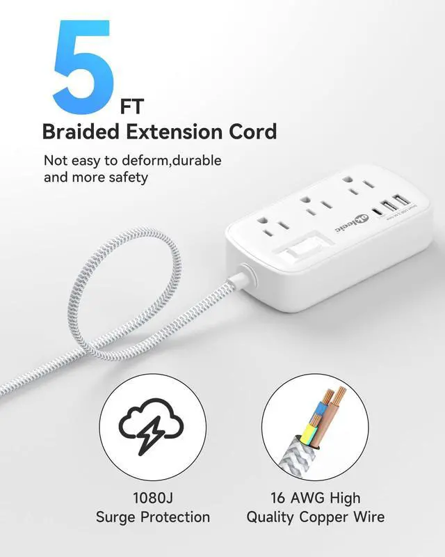 Alt view image 2 of 7 - Short Extension Cord 5 ft - Flat Plug Small Power Strip Surge Protetor with 6 Outlets 3 USB (5V/3.4A 17W) Charging Ports, Multi Plug Wall Outlet Splitter for Home Office Dorm Roomc, White