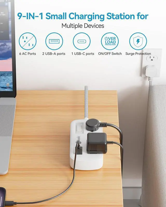 Alt view image 5 of 7 - Short Extension Cord 5 ft - Flat Plug Small Power Strip Surge Protetor with 6 Outlets 3 USB (5V/3.4A 17W) Charging Ports, Multi Plug Wall Outlet Splitter for Home Office Dorm Roomc, White