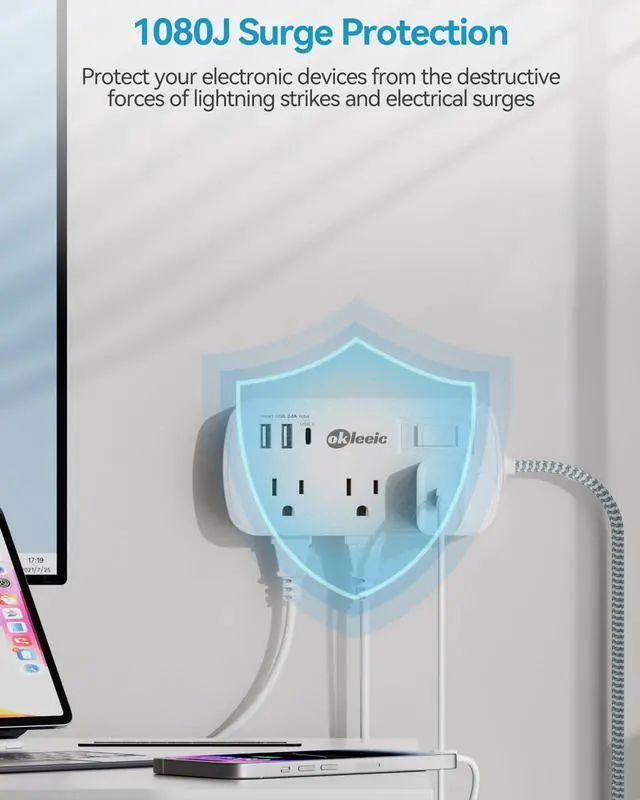 Alt view image 6 of 7 - Short Extension Cord 5 ft - Flat Plug Small Power Strip Surge Protetor with 6 Outlets 3 USB (5V/3.4A 17W) Charging Ports, Multi Plug Wall Outlet Splitter for Home Office Dorm Roomc, White