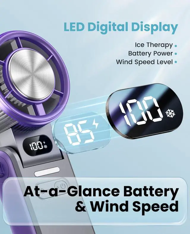 Alt view image 7 of 7 - Portable Handheld Turbo Fan with Ice Cooling, Rechargeable Personal Fan, Up to 15Hrs Cooling, 100 Speeds 25000RPM Powerful Portable Fan for Travel Outdoor,120° Adjustable, LED Display (Grey)