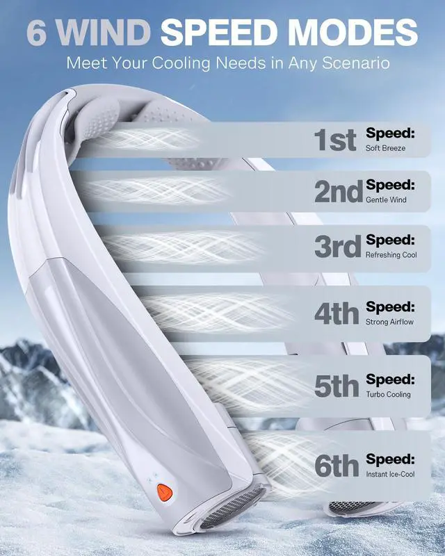 Alt view image 3 of 7 - Portable Neck Fan, 20H Long Lasting Personal Fan, 6-Speed Powerful Cooling Neck Fan, Hands-Free, 6000mAh Battery Wearable Fan for Travel, Outdoor, Office, Ideal Summer Gifts for Men Women
