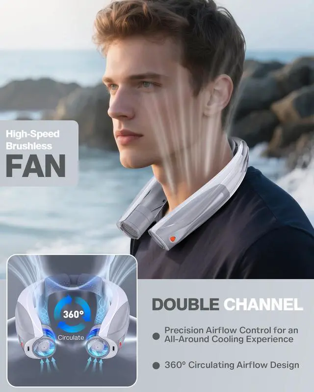 Alt view image 4 of 7 - Portable Neck Fan, 20H Long Lasting Personal Fan, 6-Speed Powerful Cooling Neck Fan, Hands-Free, 6000mAh Battery Wearable Fan for Travel, Outdoor, Office, Ideal Summer Gifts for Men Women