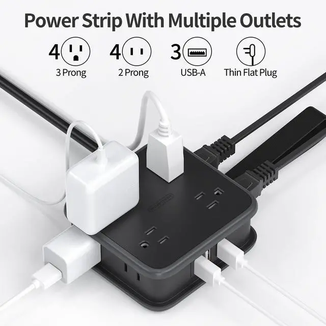 Alt view image 2 of 6 - Flat Plug Power Strip, 5 ft Extension Cord with 8 Widely Outlets and 3 USB Ports, 3 Side Outlet Extender, Wall Mount, Overload Potection, Compact Power Strip for Home, Dorm Room Essentials