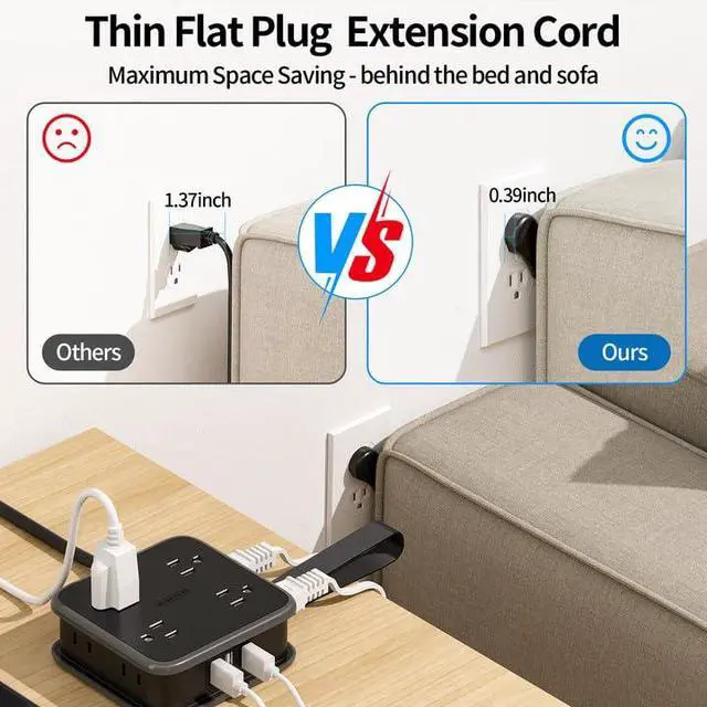 Alt view image 4 of 6 - Flat Plug Power Strip, 5 ft Extension Cord with 8 Widely Outlets and 3 USB Ports, 3 Side Outlet Extender, Wall Mount, Overload Potection, Compact Power Strip for Home, Dorm Room Essentials