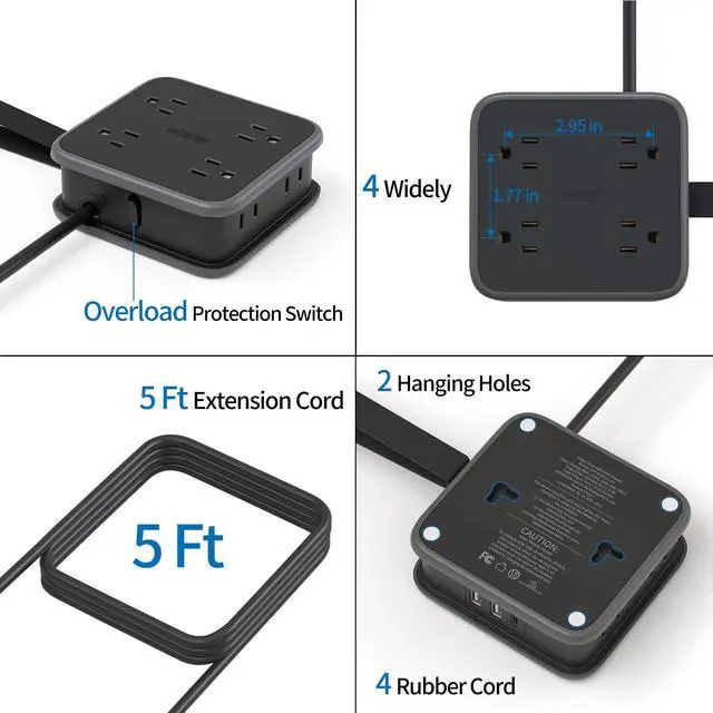 Alt view image 5 of 6 - Flat Plug Power Strip, 5 ft Extension Cord with 8 Widely Outlets and 3 USB Ports, 3 Side Outlet Extender, Wall Mount, Overload Potection, Compact Power Strip for Home, Dorm Room Essentials
