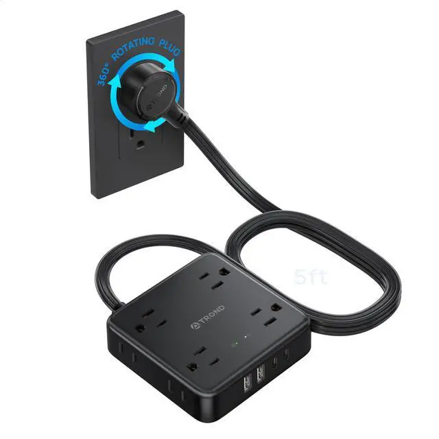 Main image of 360° Rotating Flat Plug Power Strip, 5FT Flat Extension Cord with Multiple Outlets 4 USB (2 USB C), Wall Mount Surge Protector 1440 Joules for Home Office Travel Dorm Room Essentials, Black
