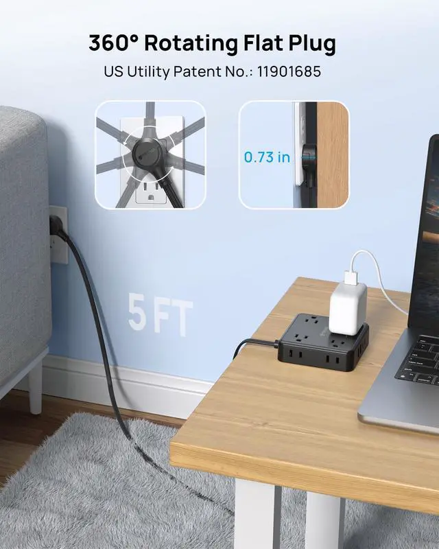 Alt view image 2 of 7 - 360° Rotating Flat Plug Power Strip, 5FT Flat Extension Cord with Multiple Outlets 4 USB (2 USB C), Wall Mount Surge Protector 1440 Joules for Home Office Travel Dorm Room Essentials, Black