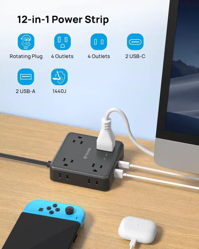 Alt view image 3 of 7 - 360° Rotating Flat Plug Power Strip, 5FT Flat Extension Cord with Multiple Outlets 4 USB (2 USB C), Wall Mount Surge Protector 1440 Joules for Home Office Travel Dorm Room Essentials, Black
