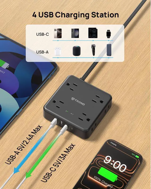 Alt view image 4 of 7 - 360° Rotating Flat Plug Power Strip, 5FT Flat Extension Cord with Multiple Outlets 4 USB (2 USB C), Wall Mount Surge Protector 1440 Joules for Home Office Travel Dorm Room Essentials, Black
