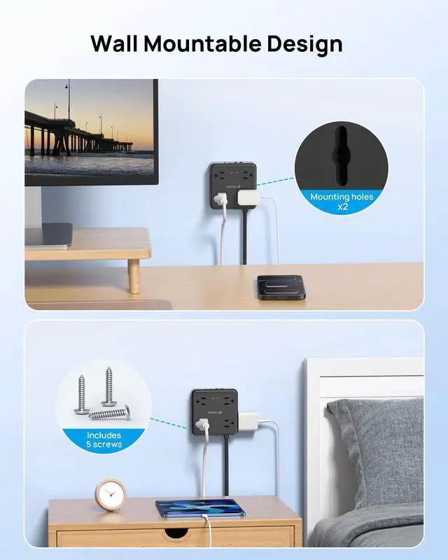 Alt view image 5 of 7 - 360° Rotating Flat Plug Power Strip, 5FT Flat Extension Cord with Multiple Outlets 4 USB (2 USB C), Wall Mount Surge Protector 1440 Joules for Home Office Travel Dorm Room Essentials, Black