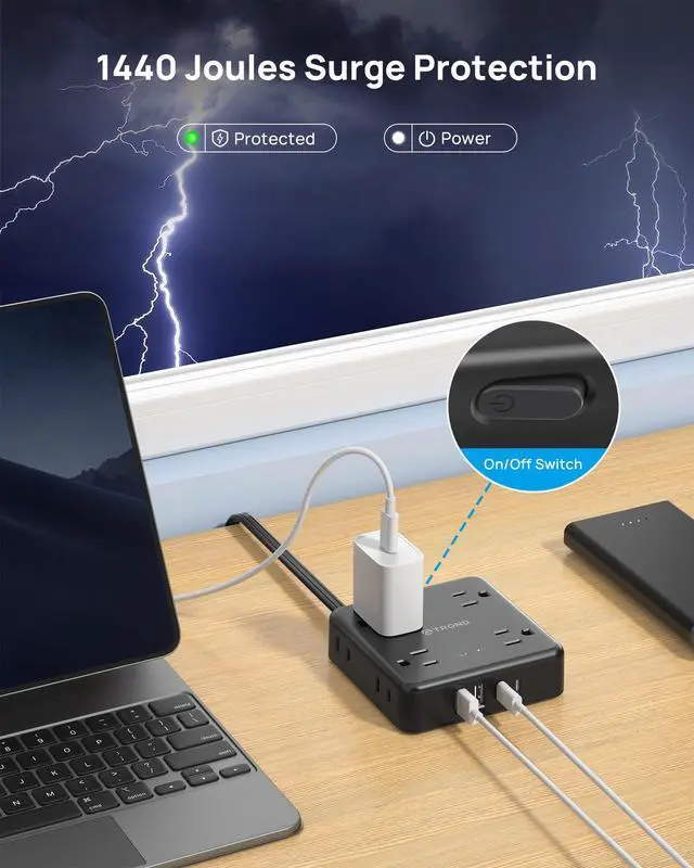 Alt view image 6 of 7 - 360° Rotating Flat Plug Power Strip, 5FT Flat Extension Cord with Multiple Outlets 4 USB (2 USB C), Wall Mount Surge Protector 1440 Joules for Home Office Travel Dorm Room Essentials, Black