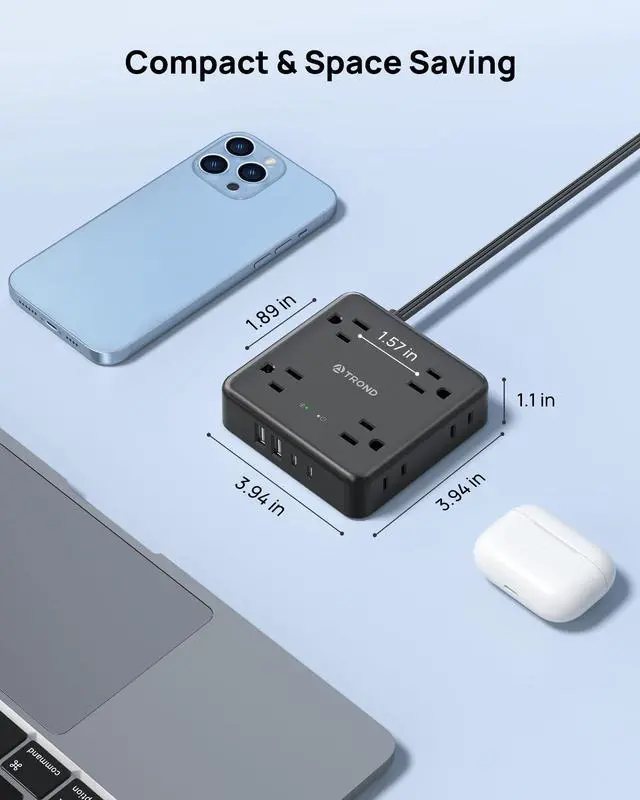Alt view image 7 of 7 - 360° Rotating Flat Plug Power Strip, 5FT Flat Extension Cord with Multiple Outlets 4 USB (2 USB C), Wall Mount Surge Protector 1440 Joules for Home Office Travel Dorm Room Essentials, Black