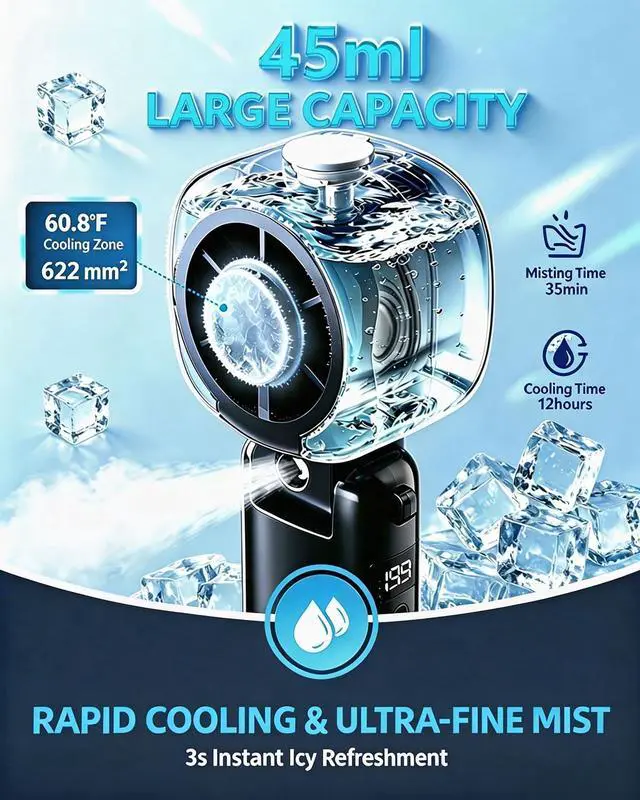 Alt view image 2 of 7 - Portable Handheld Turbo Fan with Ice Cooling, 45ml Mist Fan, Up to 12H Cooling, 199 Speed, USB Rechargeable, High Power Motor, Personal Cooling Fan for Outdoor, Travel, Beach, Camping (Black)