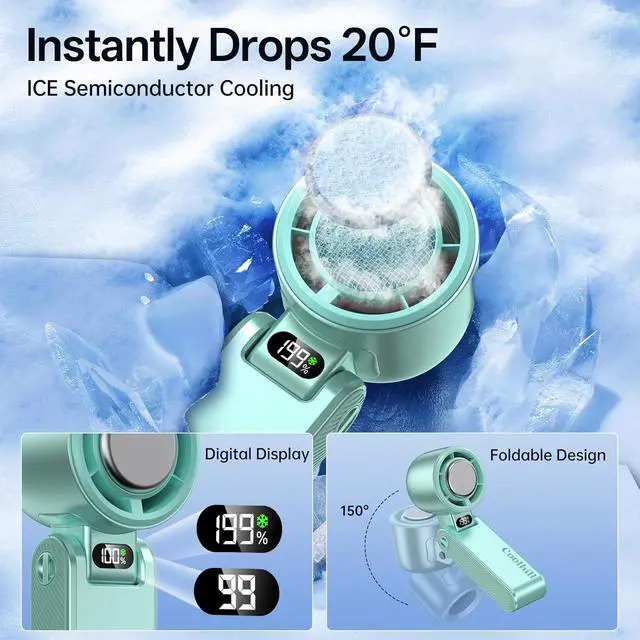 Alt view image 4 of 7 - Pro Handheld Portable Fan with Ice Cooler: 199-Speed 5500mAh Rechargeable Handheld Fan, 12H Time Hand Cooling Personal Fans with 20000 RPM Air Turbo Tech for Travel Outdoor (Green)
