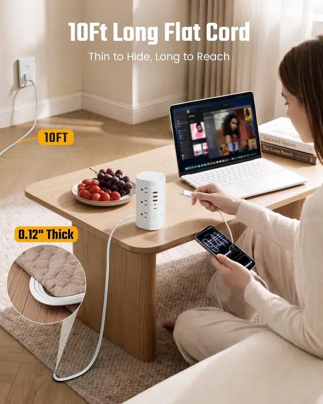 Alt view image 3 of 7 - 10Ft Extension Cord Power Strip Tower with Multiple Outlets, Flat Plug Power Tower 1700J Surge Protector, 12 AC Outlets 5 USB Ports (2 USB C), Desk USB Charging Station, Home Office Dorm Room, White