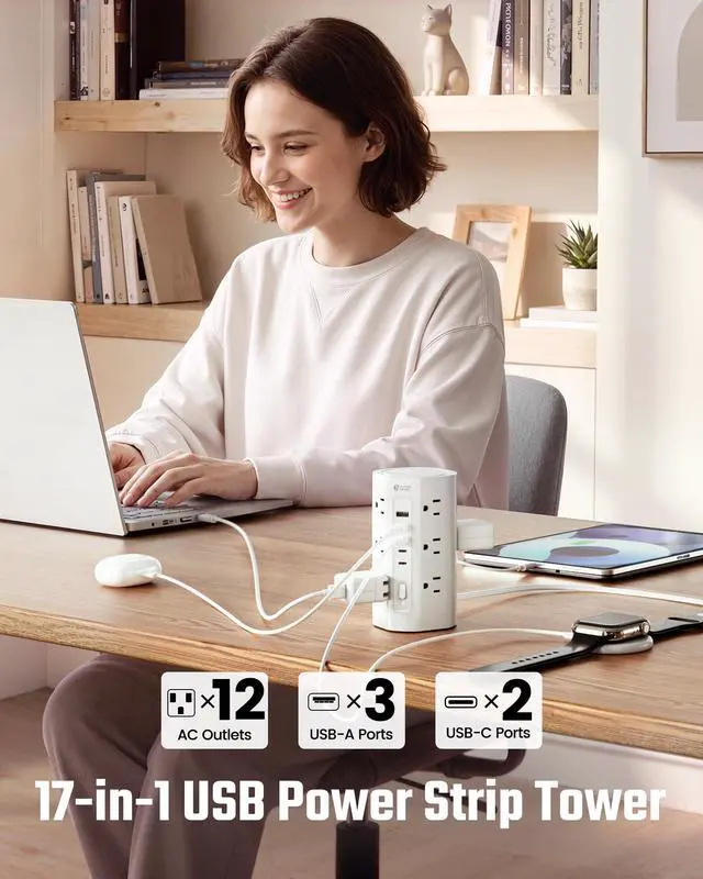 Alt view image 2 of 7 - 10Ft Extension Cord Power Strip Tower with Multiple Outlets, Flat Plug Power Tower 1700J Surge Protector, 12 AC Outlets 5 USB Ports (2 USB C), Desk USB Charging Station, Home Office Dorm Room, White