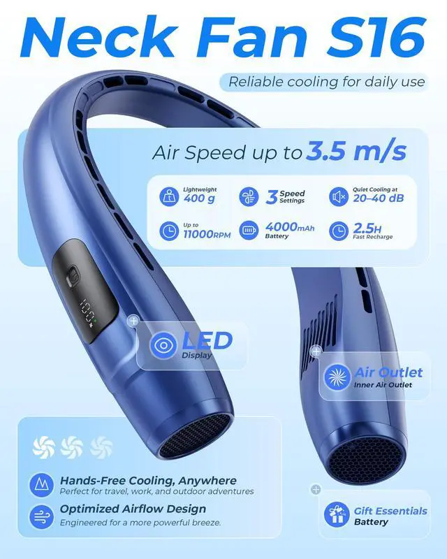 Alt view image 2 of 5 - Neck Fan, Personal Fan with LED Indicator, USB-C Charging, Long-Lasting 4000mAh Battery, Hands Free Bladeless Fan with 3 Adjustable Speeds & Ultra-Quiet, Ideal for Home, Travel & Outdoor