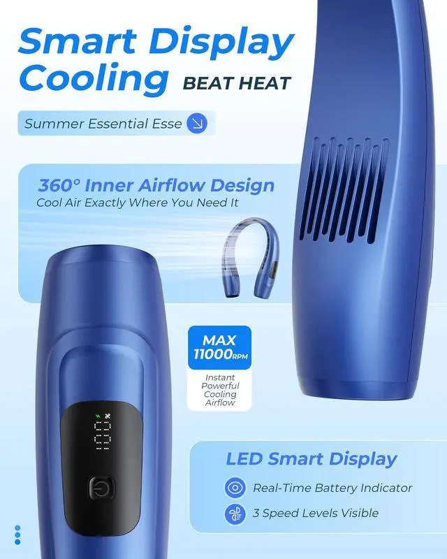 Alt view image 4 of 5 - Neck Fan, Personal Fan with LED Indicator, USB-C Charging, Long-Lasting 4000mAh Battery, Hands Free Bladeless Fan with 3 Adjustable Speeds & Ultra-Quiet, Ideal for Home, Travel & Outdoor