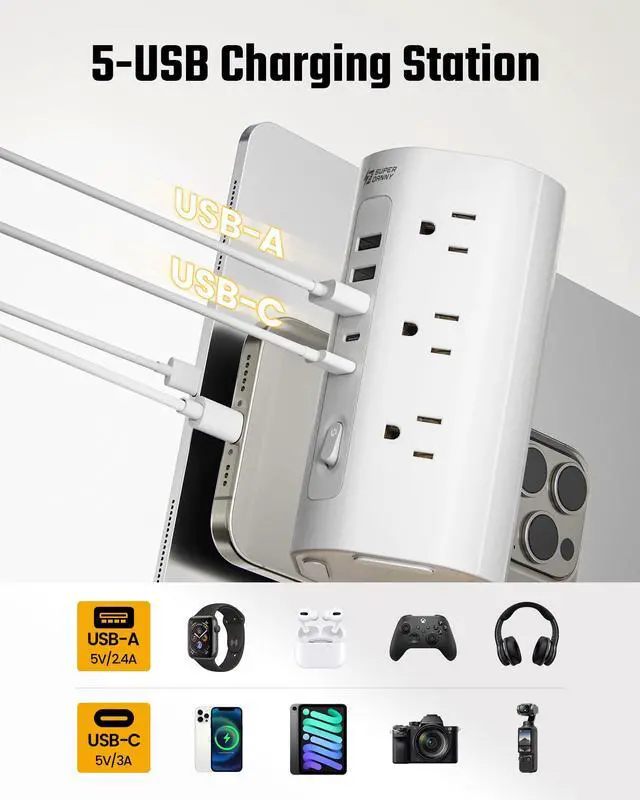 Alt view image 5 of 7 - 10Ft Extension Cord Power Strip Tower with Multiple Outlets, Flat Plug Power Tower 1700J Surge Protector, 12 AC Outlets 5 USB Ports (2 USB C), Desk USB Charging Station, Home Office Dorm Room, White