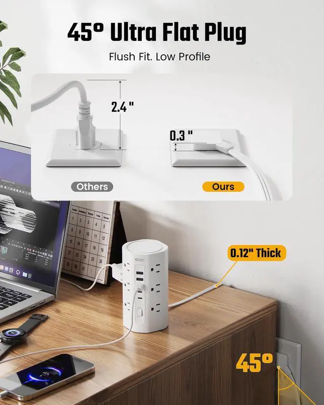Alt view image 4 of 7 - 10Ft Extension Cord Power Strip Tower with Multiple Outlets, Flat Plug Power Tower 1700J Surge Protector, 12 AC Outlets 5 USB Ports (2 USB C), Desk USB Charging Station, Home Office Dorm Room, White