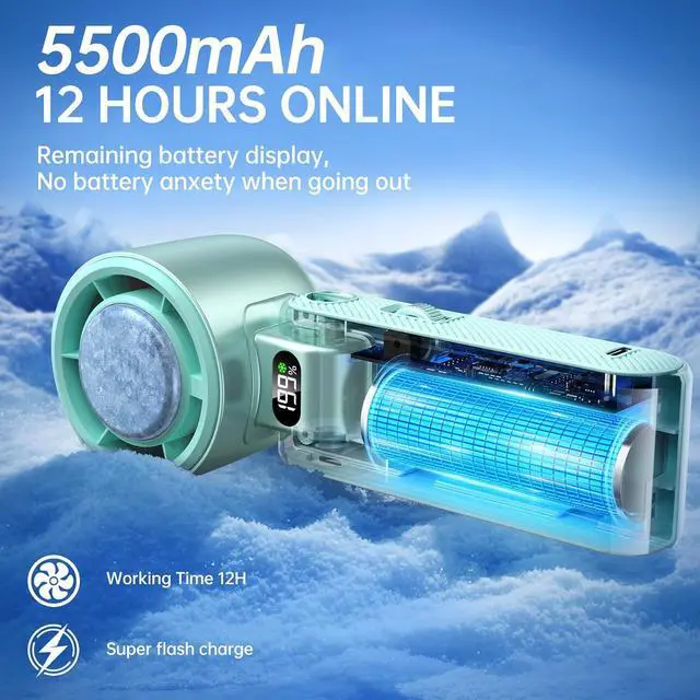 Alt view image 5 of 7 - Pro Handheld Portable Fan with Ice Cooler: 199-Speed 5500mAh Rechargeable Handheld Fan, 12H Time Hand Cooling Personal Fans with 20000 RPM Air Turbo Tech for Travel Outdoor (Green)