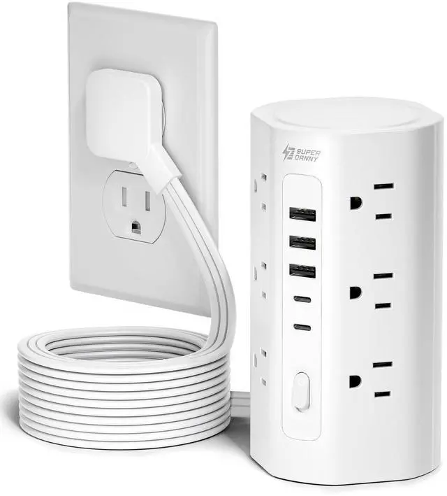 Main image of 10Ft Extension Cord Power Strip Tower with Multiple Outlets, Flat Plug Power Tower 1700J Surge Protector, 12 AC Outlets 5 USB Ports (2 USB C), Desk USB Charging Station, Home Office Dorm Room, White